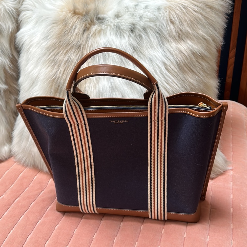 Tory Burch Navy Canvas and Tan Leather Tote with Multicolor Logo Strap - Picture 3 of 8